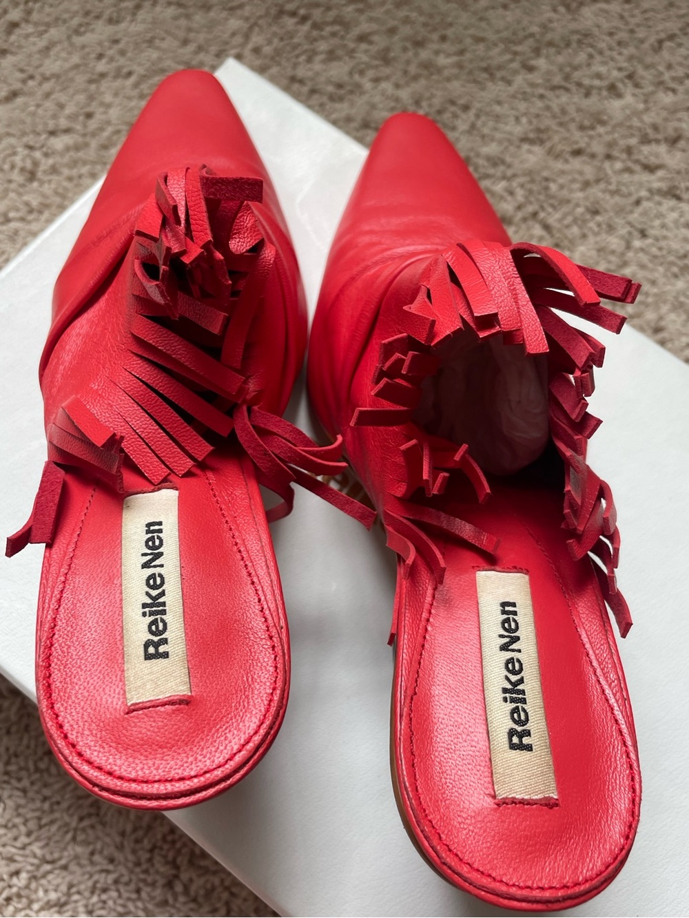 Reike Nen Red Leather Fringe Heeled Mules Slip-on Shoes Pointed Toe Women's 7 37 - Picture 12 of 12